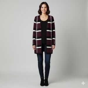 Elle Women's L Plaid Sweater Coat Purple Black White #132 Office Wear